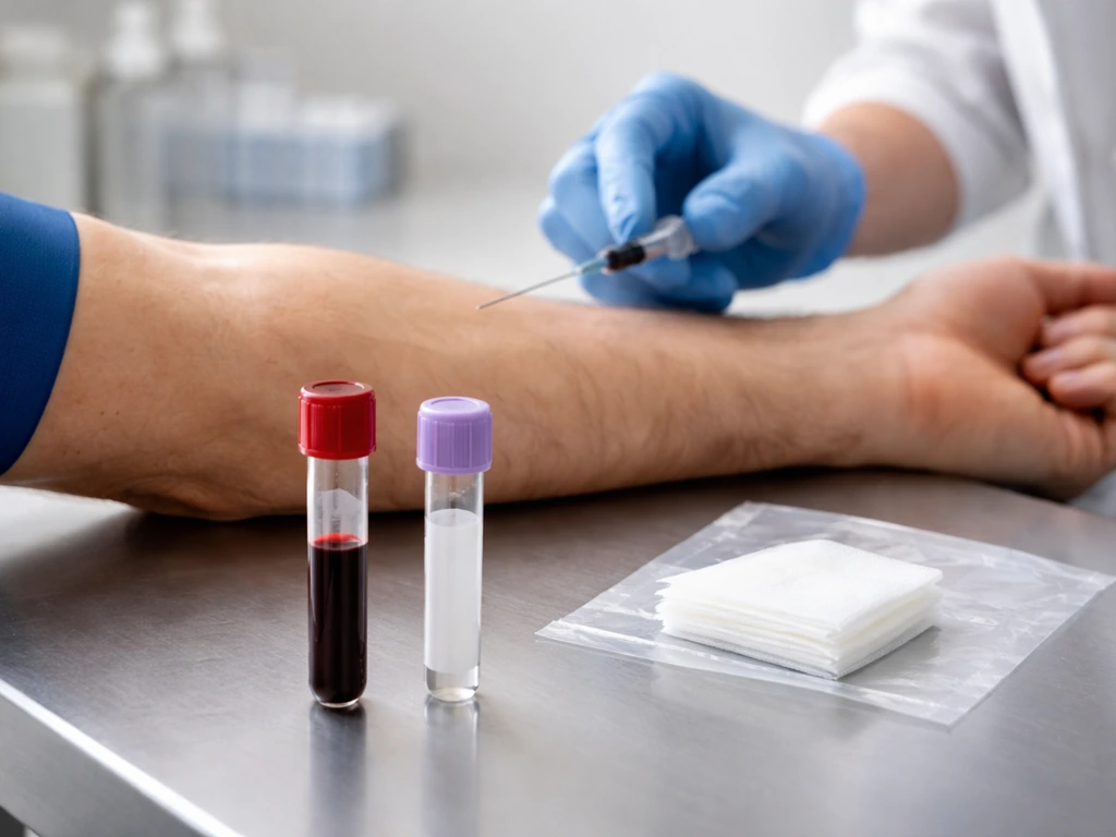 Close-up of a clinical blood draw setup with a test tube and lab tools on a clean bench