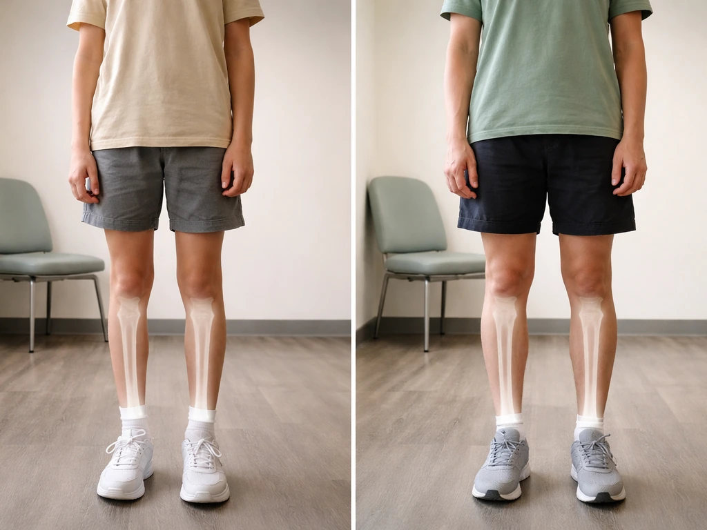 Side-by-side teen vs adult in a clinic, showing open vs closed growth plates with faint radiograph-style overlays