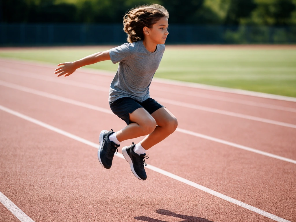 Child mid-jump on an outdoor track lane, showing a weight-bearing impact action to support healthy bones.