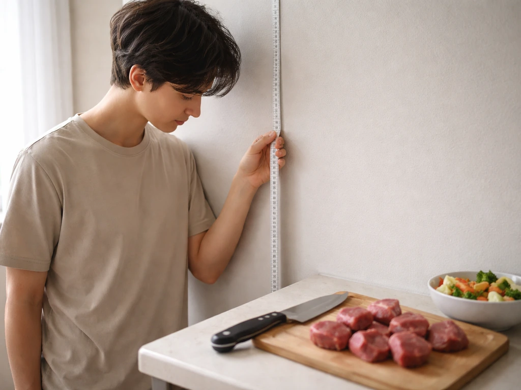 Young person measuring height near a wall with raw beef and kitchen items on the counter.