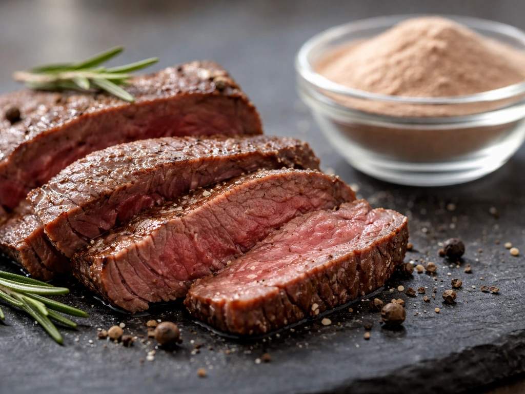 Macro close-up of sliced lean beef beside unbranded iron supplement powder on a dark slate surface.