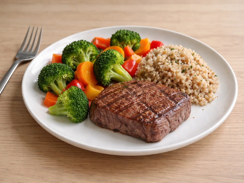 Balanced plate with a measured beef portion, vegetables, and a serving of whole grains.