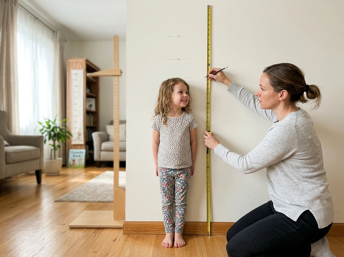Parent and child measuring height on a wall, with growth references nearby.