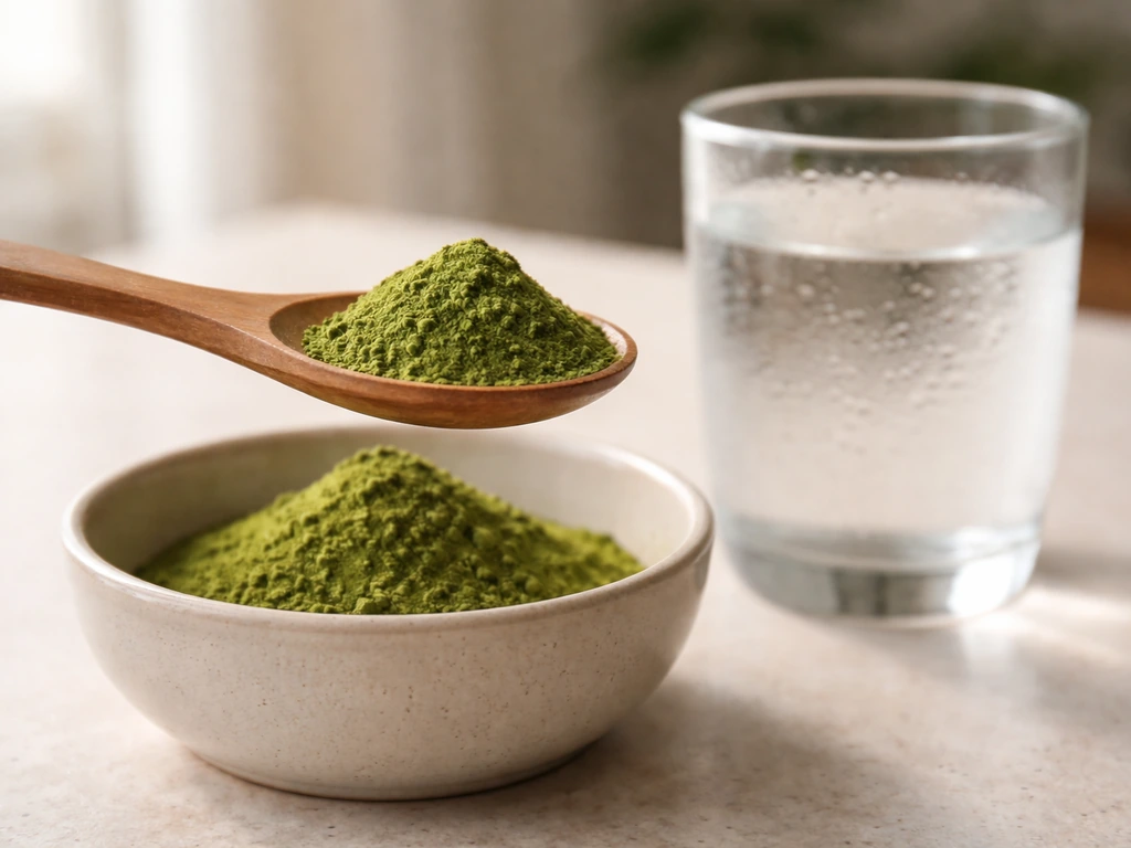 Spoonful of vibrant green moringa powder next to a glass of water, suggesting a nutrition supplement.