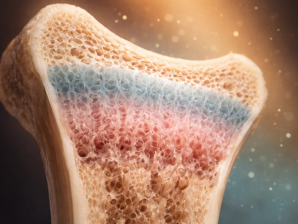 Close-up of a long bone growth plate with cartilage layers transitioning to mineralized bone.