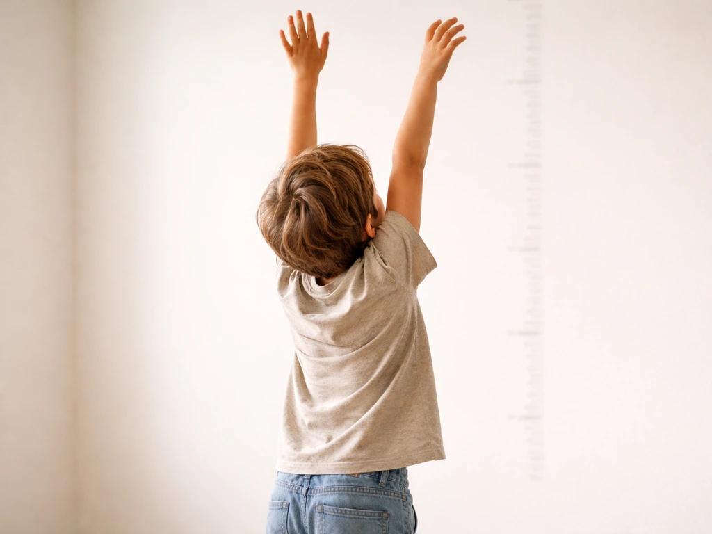 Anonymous child stretching upward beside a blank, unmarked height-measurement background indoors