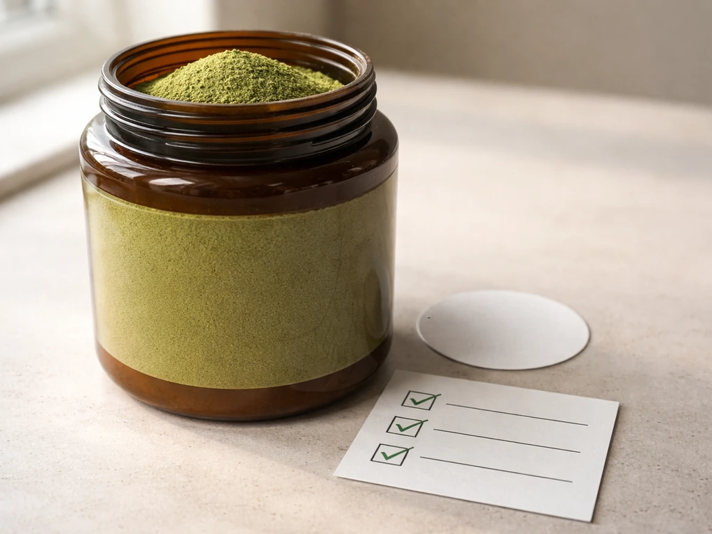 Amber moringa powder container beside blank verification seals and a checkmarked quality checklist card.
