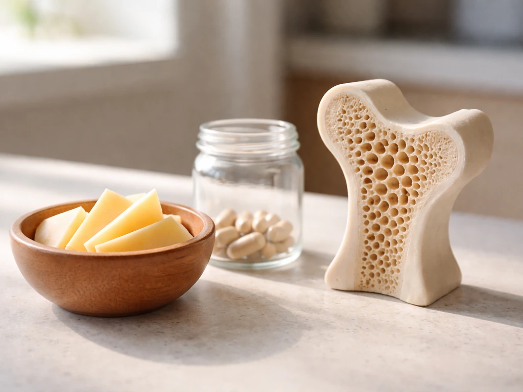 K2-rich foods and generic supplements beside an off-white bone cross-section model showing bone mineralization.
