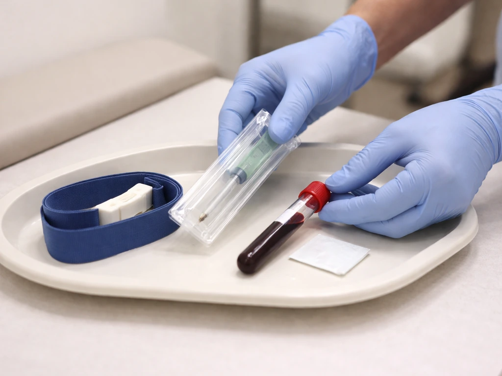 Gloved clinician hands preparing a blood draw kit and specimen tube for a vitamin D test in a clinic room.