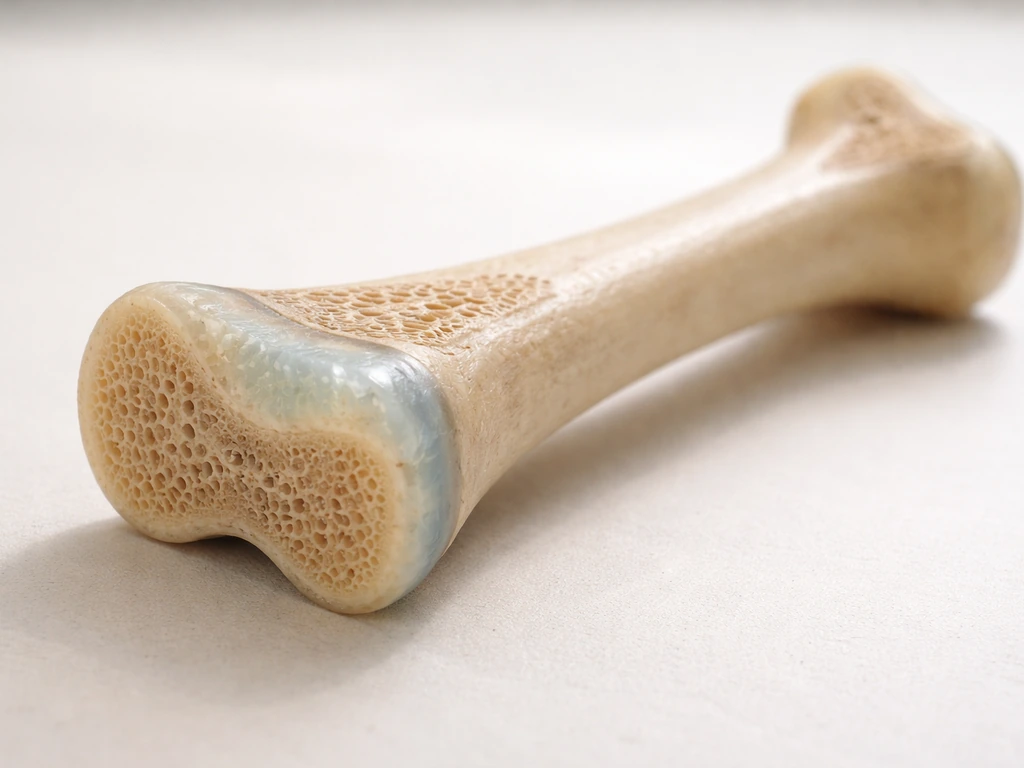 Close-up of a long bone model showing growth plates near the ends, cartilage between bone sections.