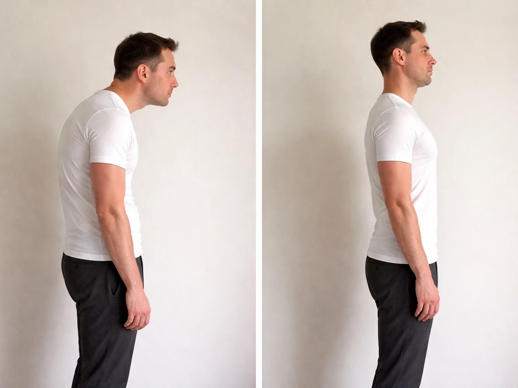 Split image showing slouched vs neutral standing side posture for spine alignment and looking taller