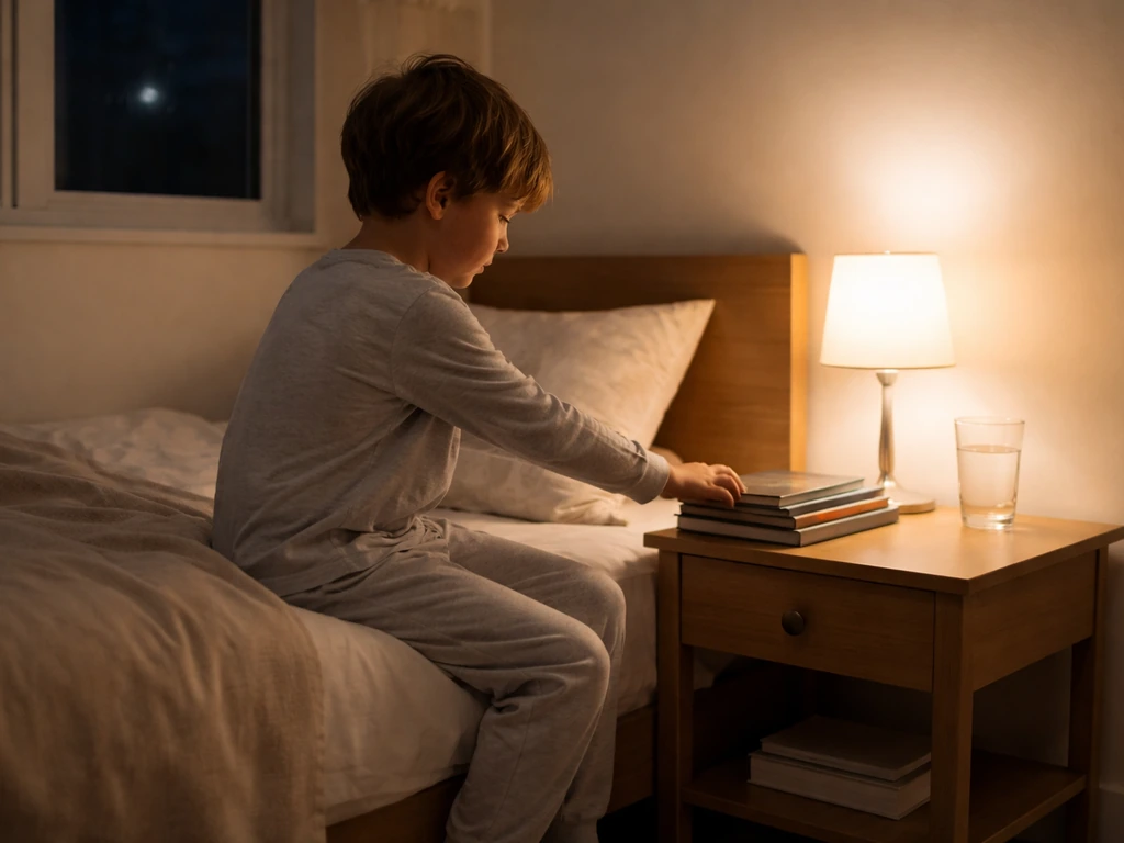 Child’s bedtime setup in a quiet room at night with a warm lamp and neatly made bed
