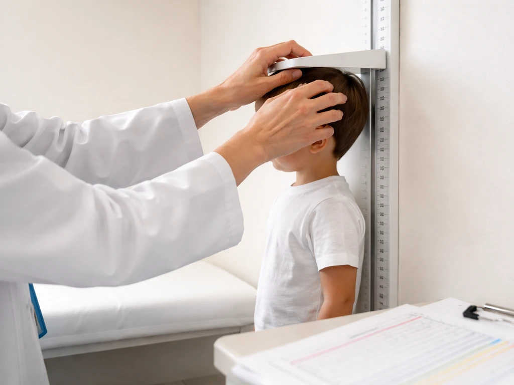 Pediatrician measuring a child’s height with a wall scale next to growth charts in a quiet exam room