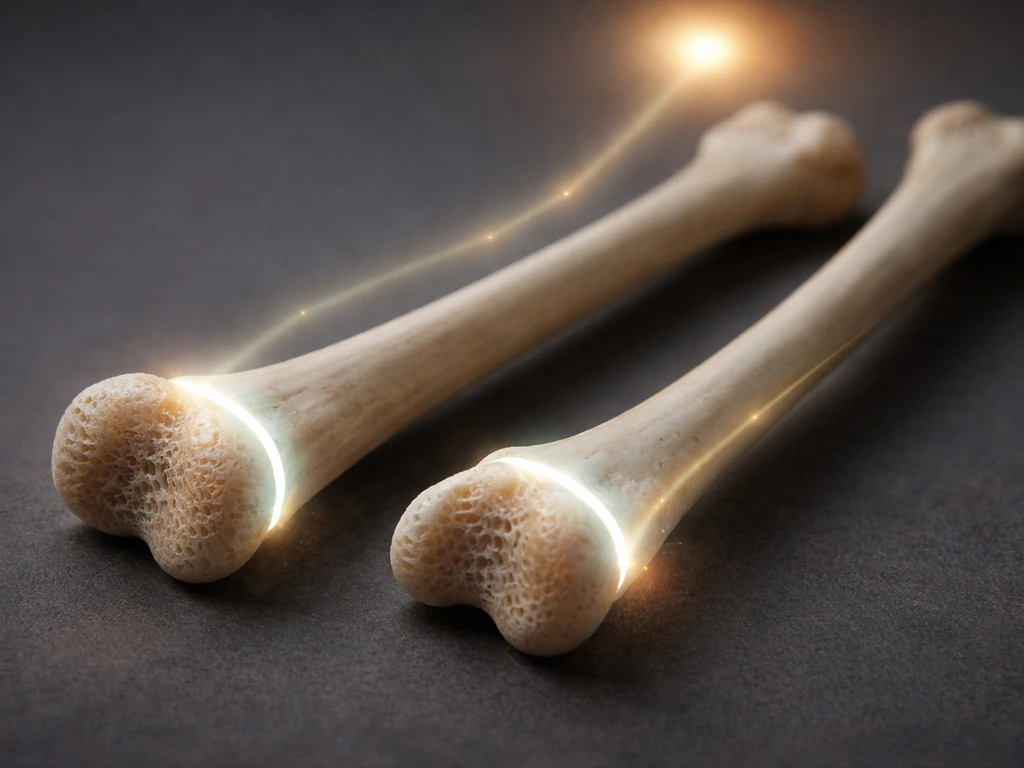 Close-up of simplified long bones with highlighted growth plates and a soft hormonal pathway glow.