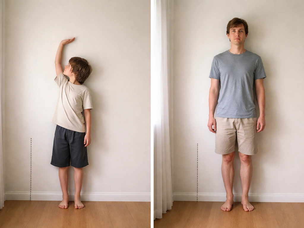 Minimal side-by-side scene: a growing teen reaching higher beside an adult standing still, both in simple home lighting.