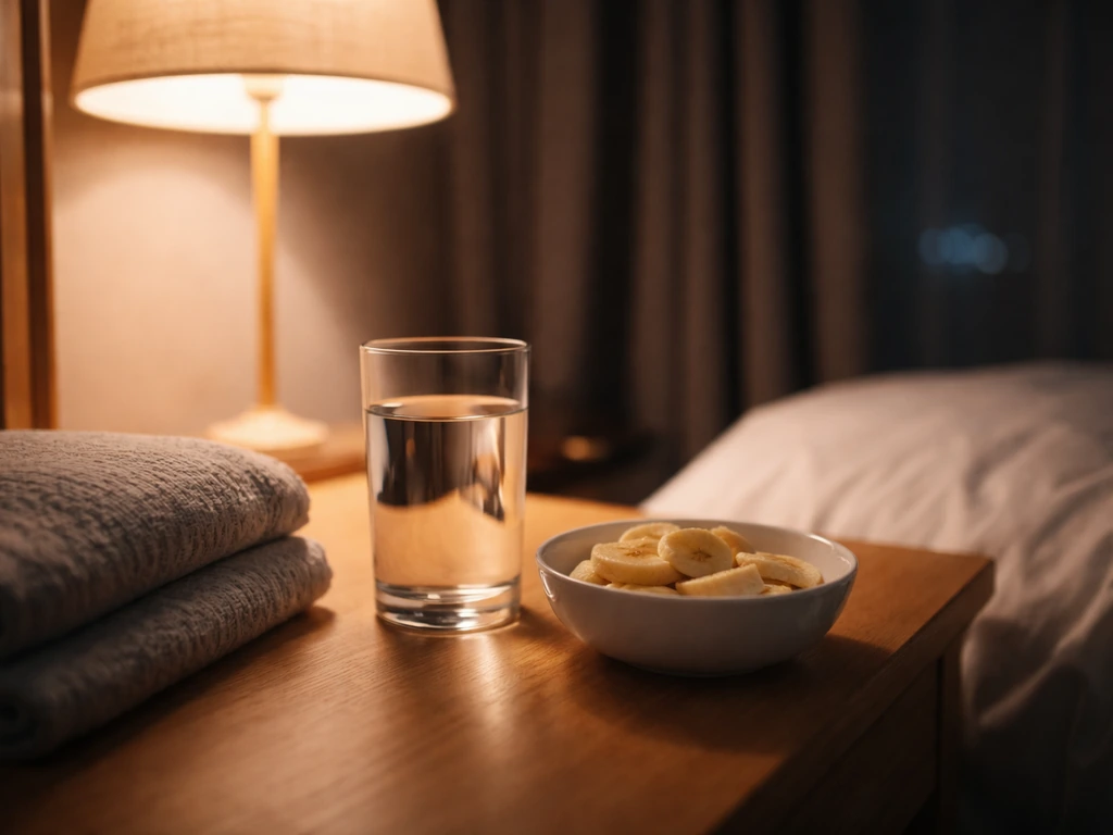 Night bedside table with water and banana slices under warm lamp light, suggesting healthy sleep routine.