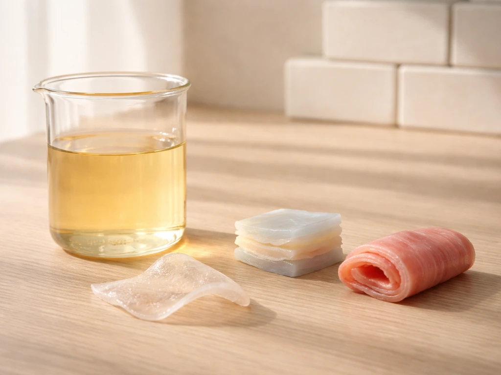 Minimal photo of protein-related tissue props beside a beaker, with blurred stacked blocks for genetics contrast.