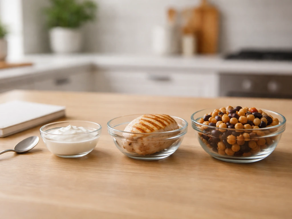 Three unlabeled protein food bowls on a simple kitchen table, suggesting different life stages.