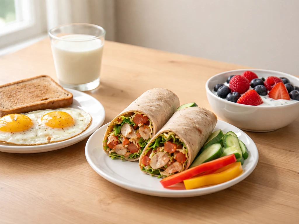 Three arranged meals: eggs with toast and milk, chicken veggie wrap, and Greek yogurt with berries.