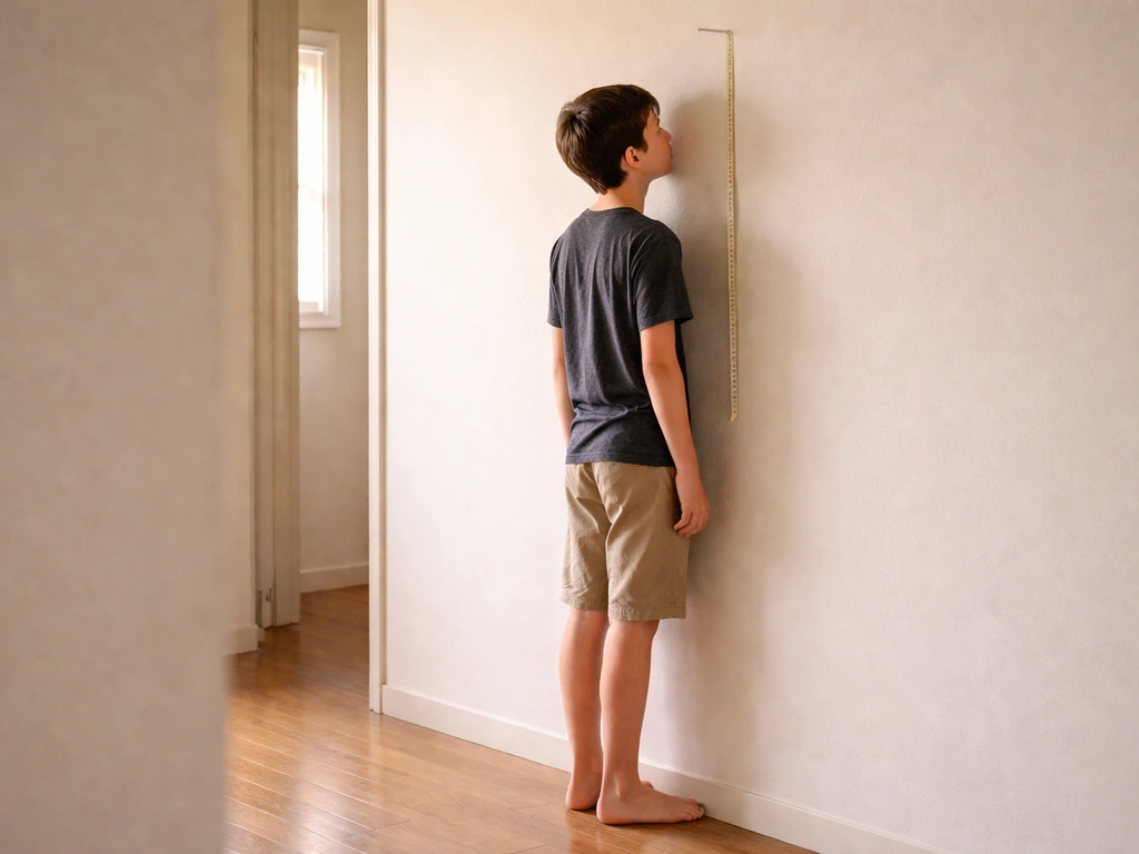 Teen stands beside a height-measuring wall with a tape measure, showing a small morning-to-night height change