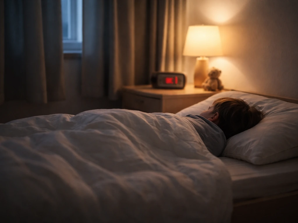 Child asleep under covers at night with a softly lit bedside alarm clock