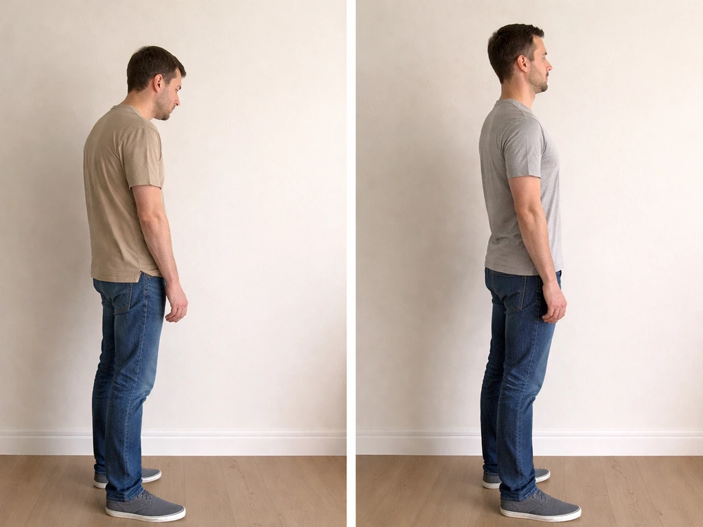 Two anonymous standing figures side-by-side: slouching versus neutral posture showing height changes.