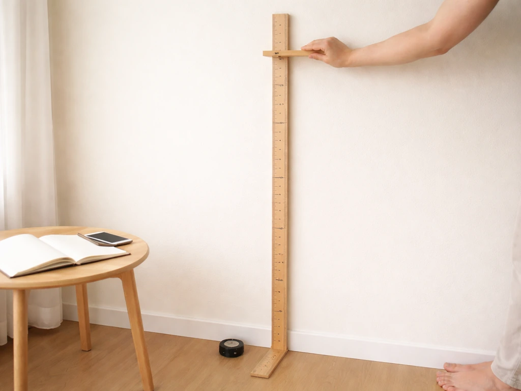 Person measuring height at home using a stadiometer-like setup and a notebook on a wall.
