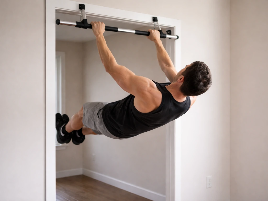Adult doing a safe partial upside-down hang with spine aligned in a simple doorway setting.
