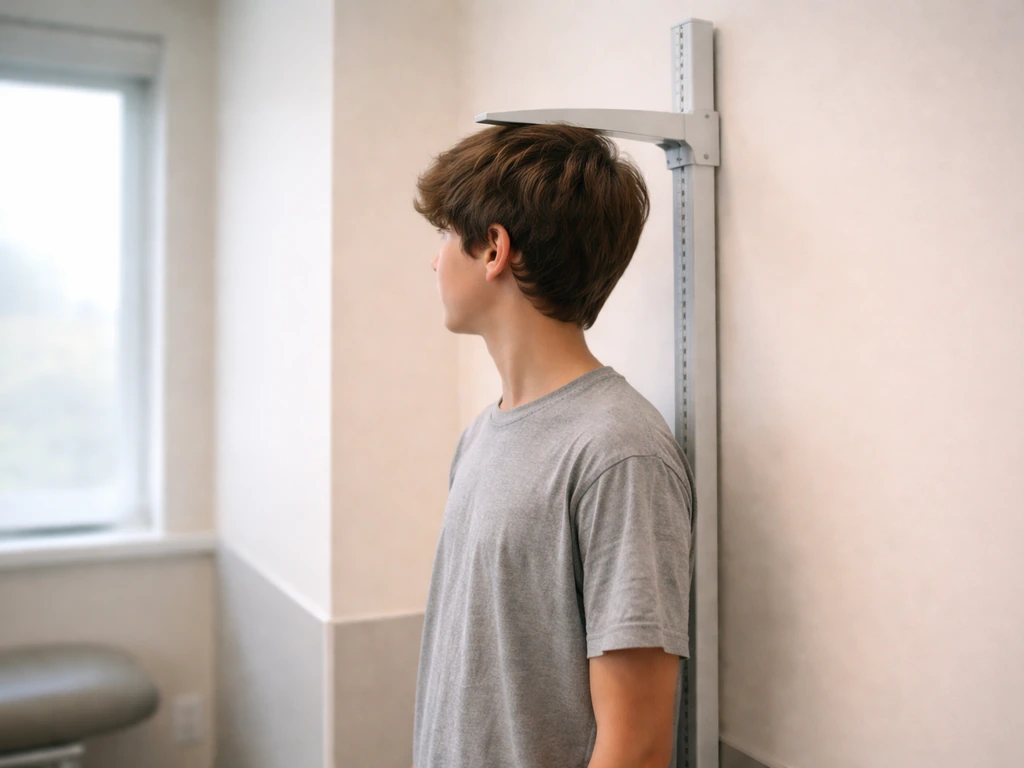 Teenager standing next to a height measurement stadiometer in a quiet clinic room