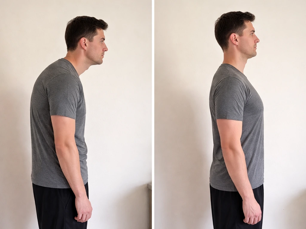 Side-by-side before/after of an adult improving forward head and rounded shoulders posture.