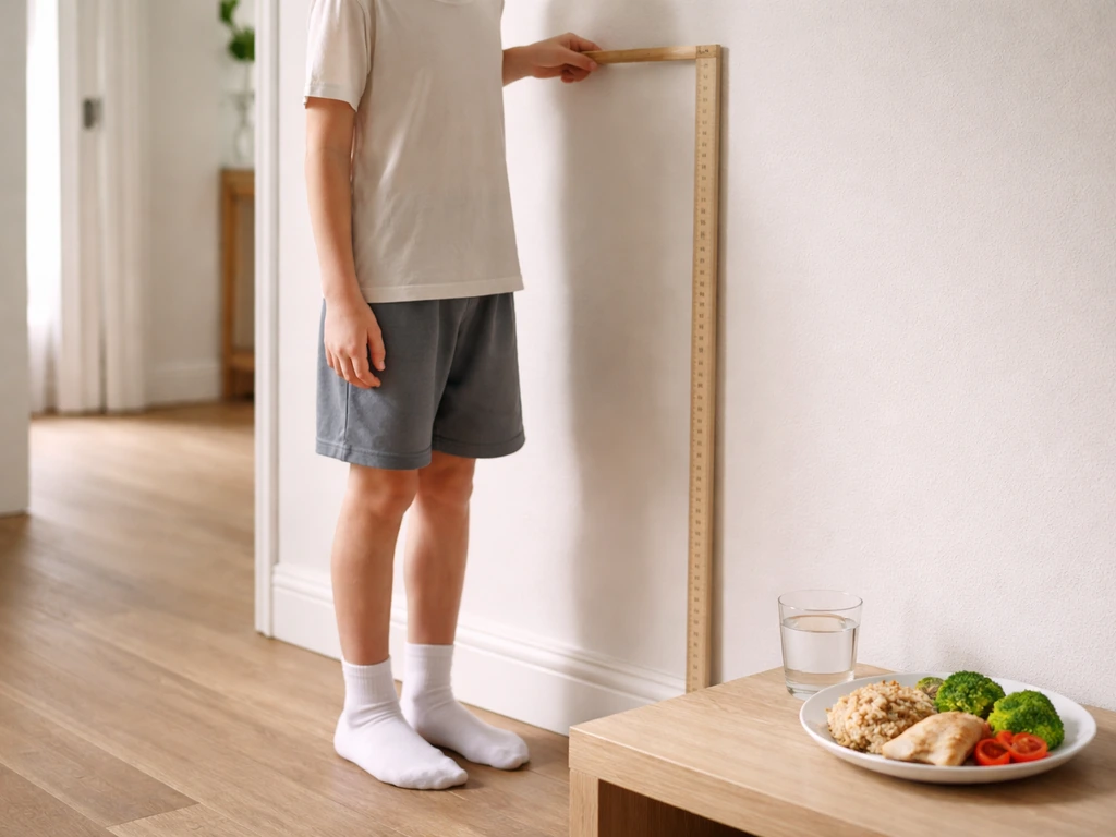 Anonymous child measuring height by a wall, with a balanced plate nearby to suggest calories and growth