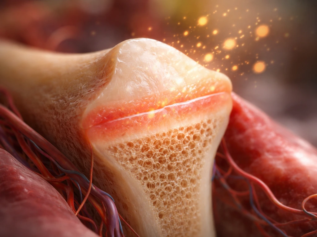 Closeup of a long bone’s growth plate with surrounding tissue, with subtle fuel-like glow toward it.