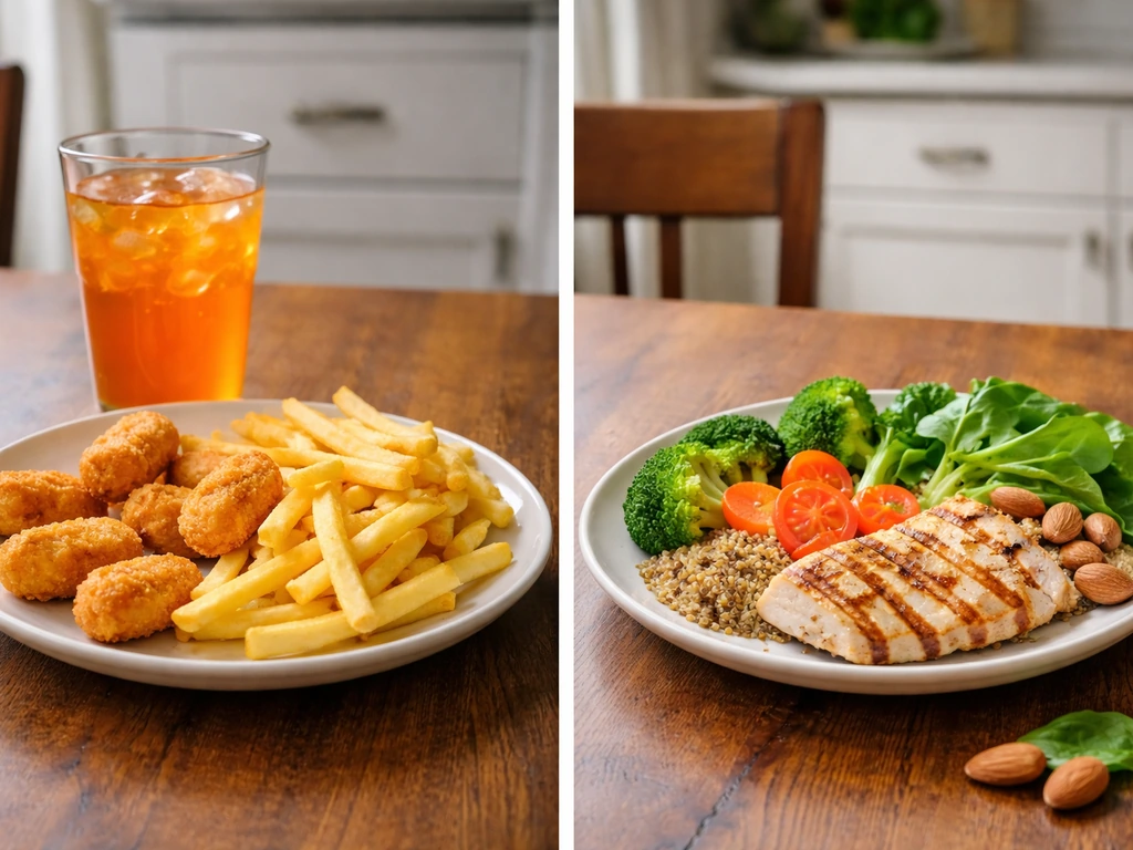 Two side-by-side plates: ultra-processed meal vs nutrient-dense whole foods, emphasizing food quality for growth.