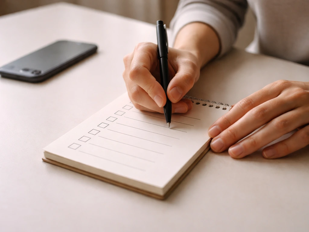 Close-up of hands holding a pen and notepad with a simple checklist, beside a smartphone on a desk