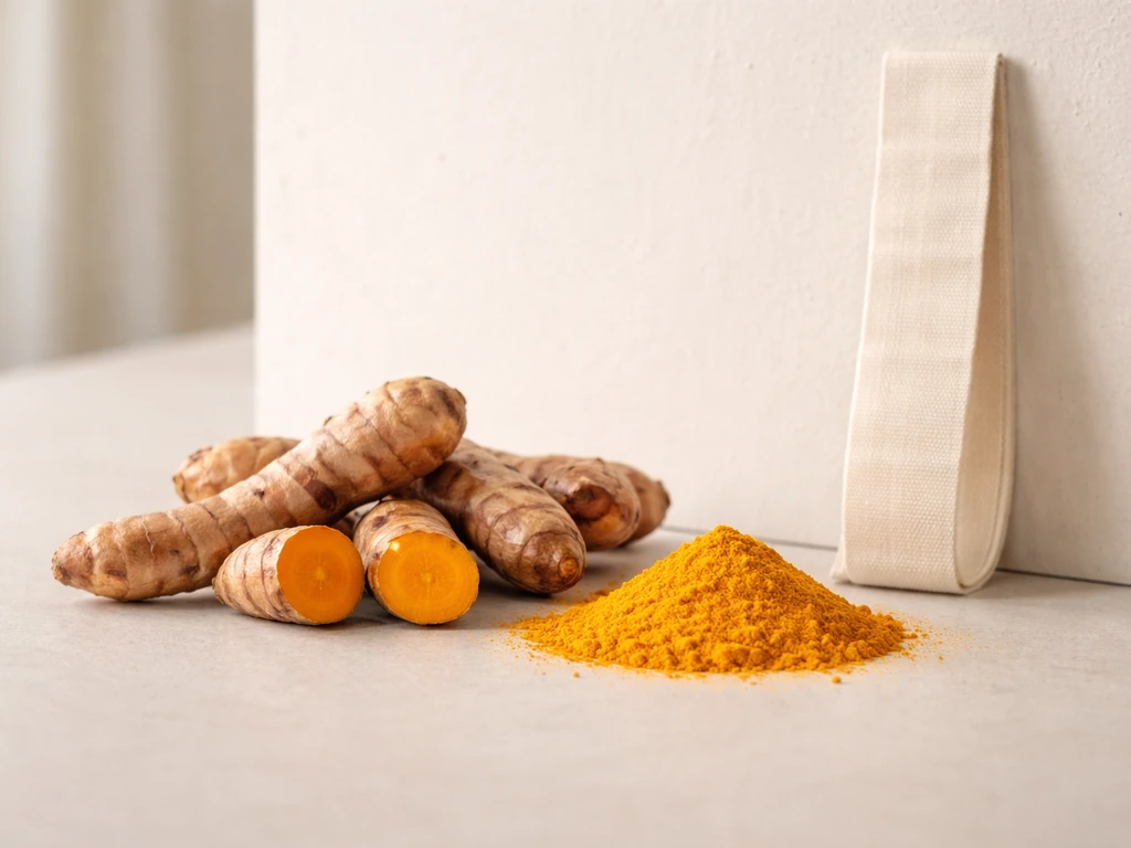 Turmeric roots and golden powder beside a height-measurement tape against a plain wall.