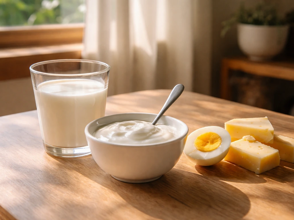 Sunlit table with fortified milk, yogurt, cheese, and eggs suggesting vitamin D and calcium for bones.