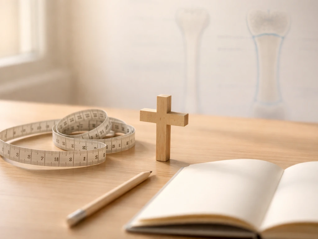 Measuring tape and small wooden cross on a desk with a faint, non-text growth-plate diagram overlay.
