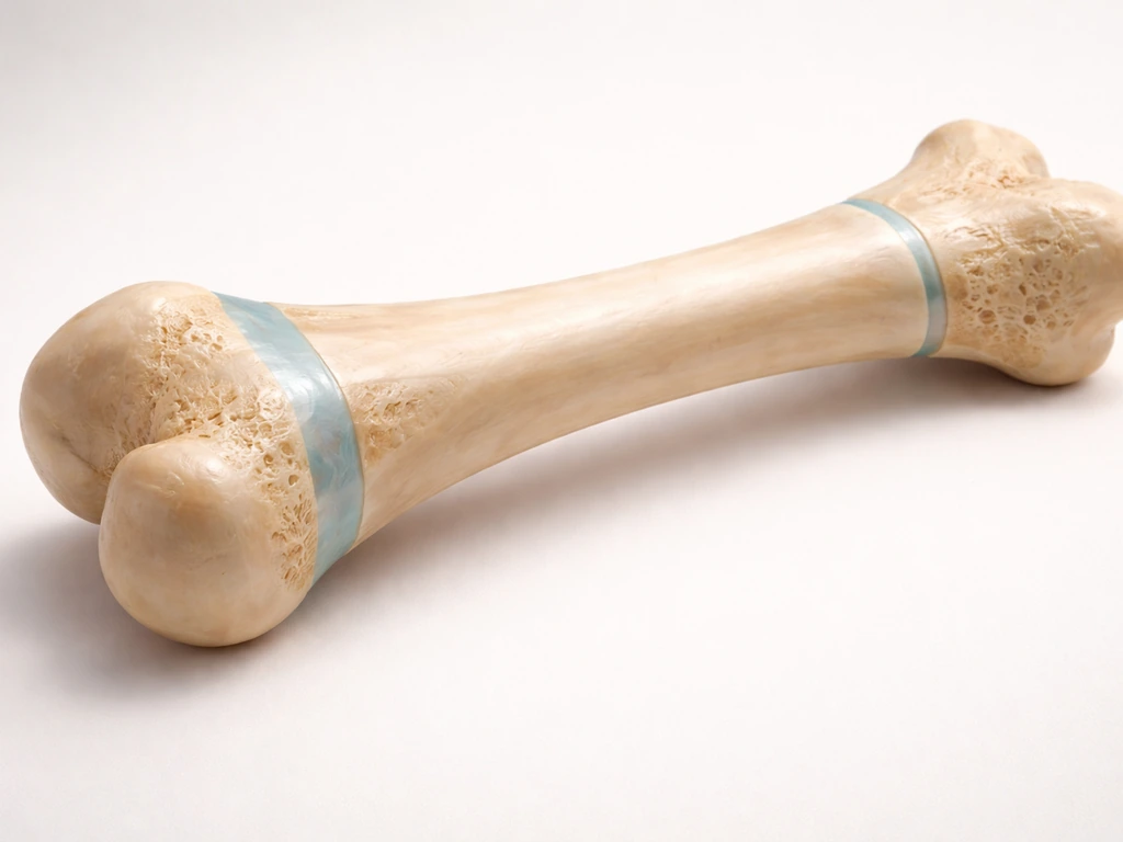 Minimal close-up of a long bone showing an open growth plate next to a partially closing epiphyseal plate.