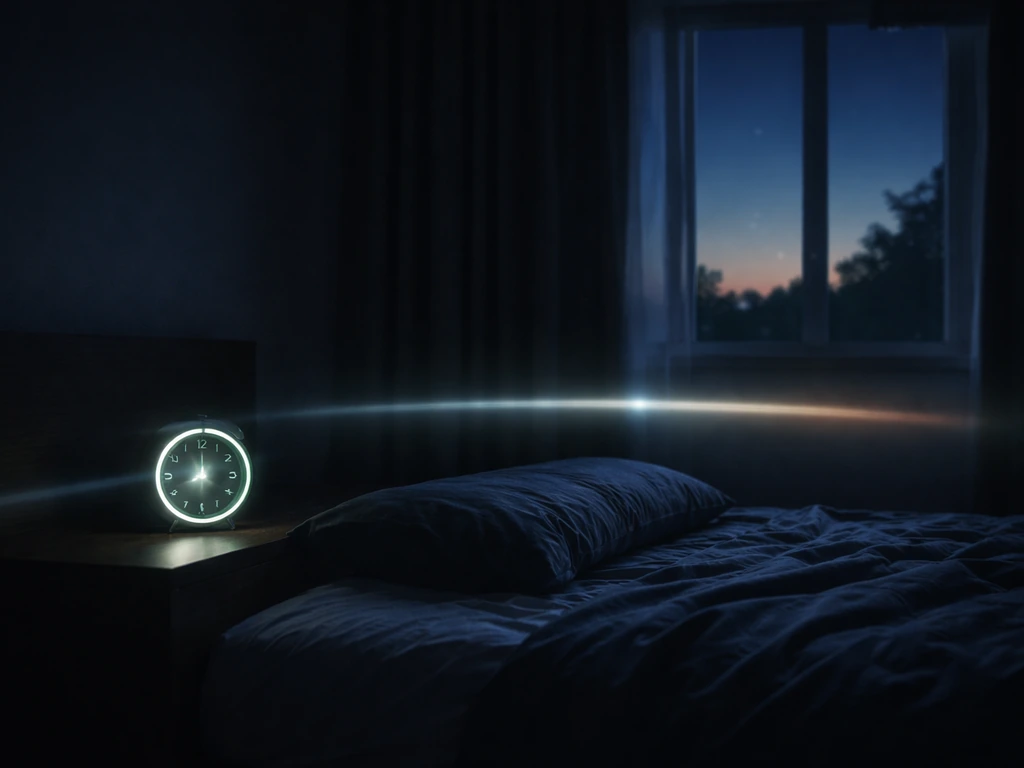 Dark bedroom at night with a softly glowing bedside clock and dawn gradient through the window.
