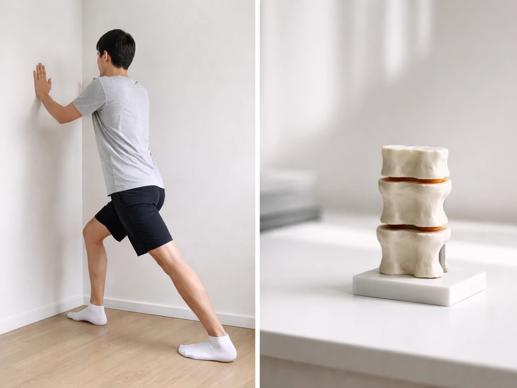 Anonymous person stretching beside a plain bone-segment model, contrasting posture vs bone length change.