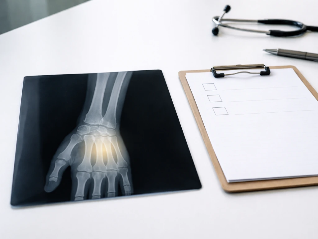 Medical X-ray showing bone-age assessment with a simple red-flag checklist on a clipboard