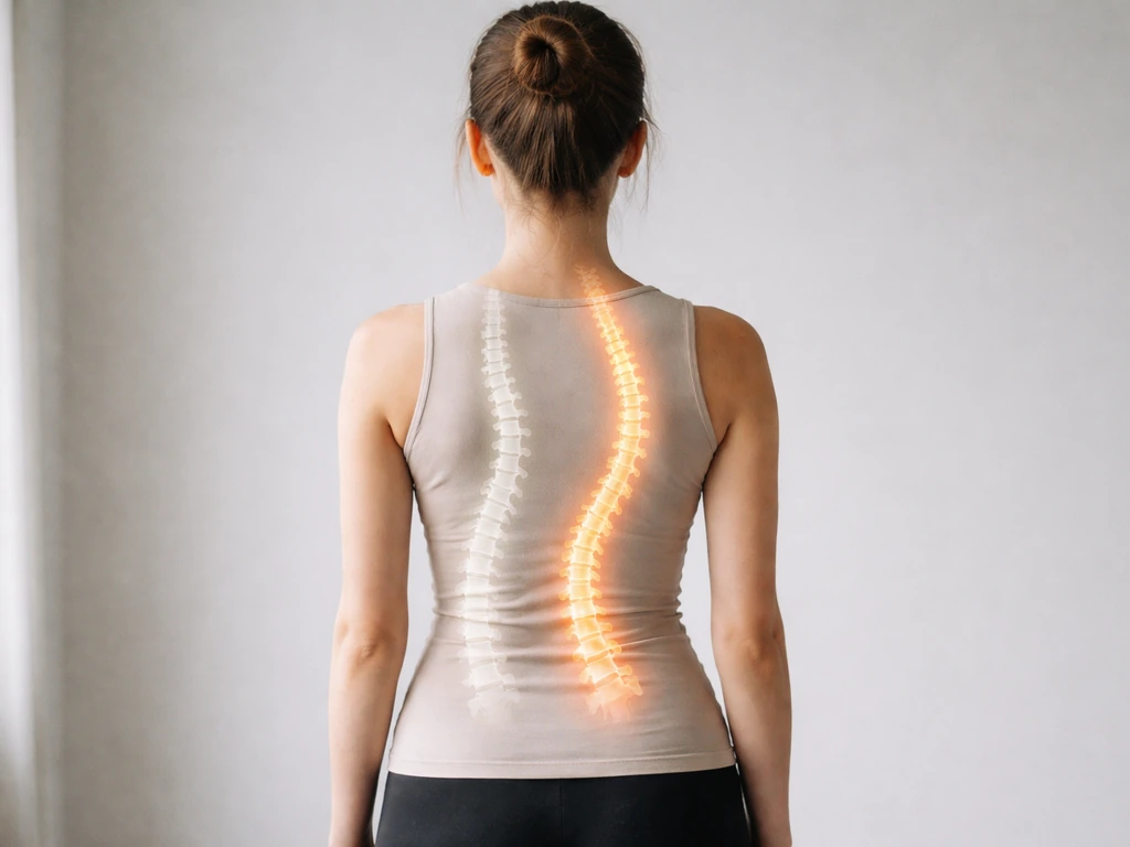 Anonymous adult standing with subtle illustrative spine overlay showing scoliosis vs neutral straight spine.