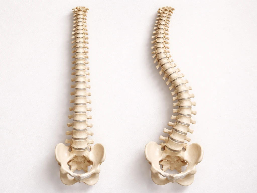 Side-by-side depiction of a straight spine vs a laterally curved scoliosis spine showing reduced vertical height.