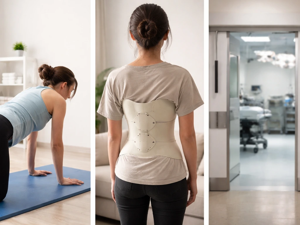 Three-panel photo showing anonymous PT exercise, scoliosis brace, and surgery setting suggesting treatment options.