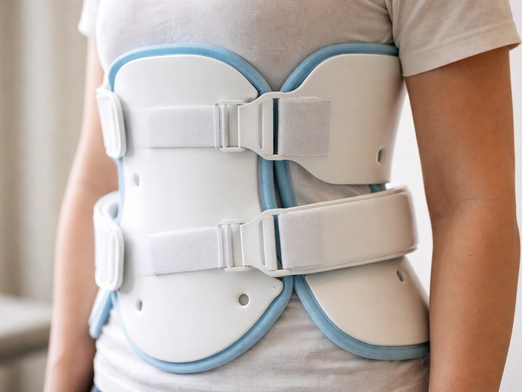 Close-up of a TLSO/Boston brace fitted on a torso with straps and side supports visible.