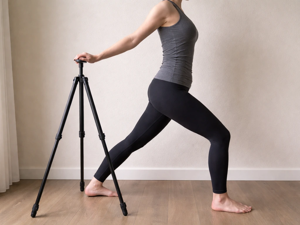 Person doing Schroth-style scoliosis posture correction beside a tripod support, in a quiet home setting.
