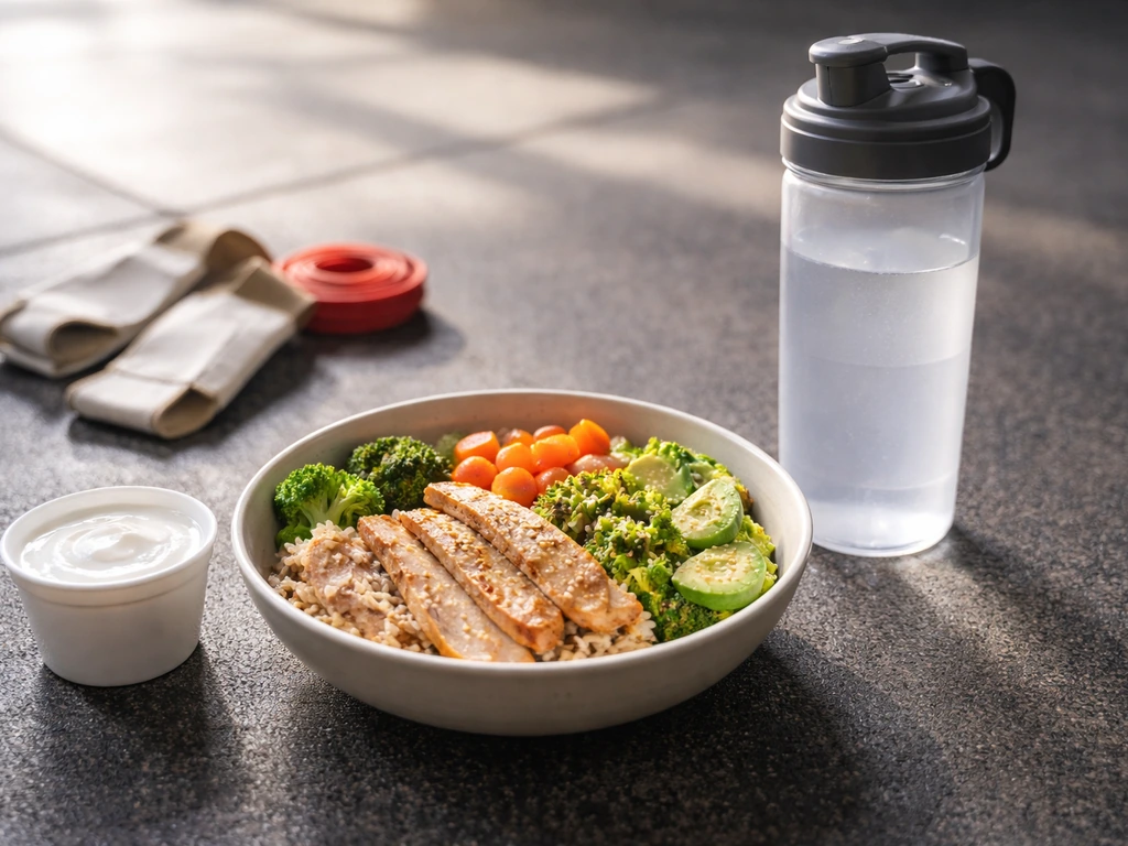 Balanced meal bowl with milk or yogurt and a hydration bottle beside simple gymnastics gear.