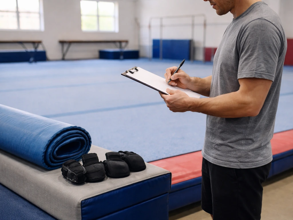 Coach reviews a training plan with a clipboard while kids’ gymnastics mats and protective gear are nearby