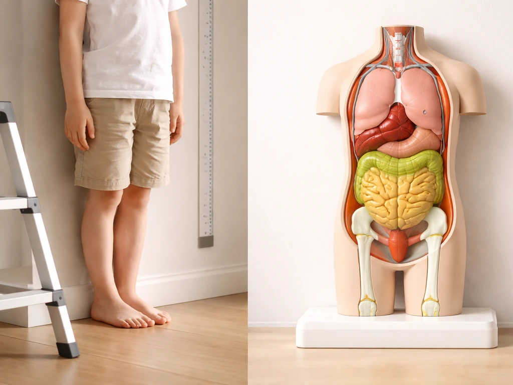 Barefoot child feet by a height-measurement tape next to a subtle growth-plate vs gut cutaway model.