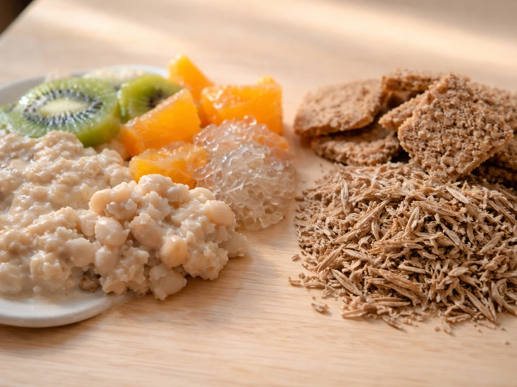 Close-up of oats, beans, fruit, and whole grains showing gel-like soluble fiber beside rough insoluble texture.